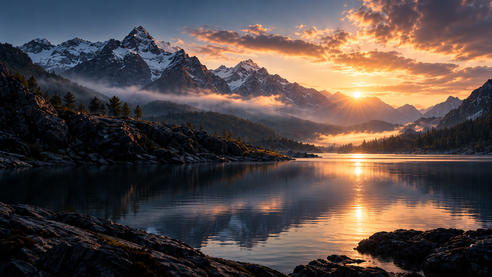 Sunrise over a still alpine lake surrounded by mountains